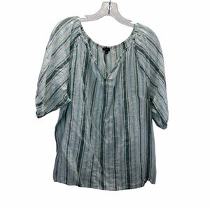 Talbots Teal and White Striped Blouse Linen Peasant Coastal Tunic XL